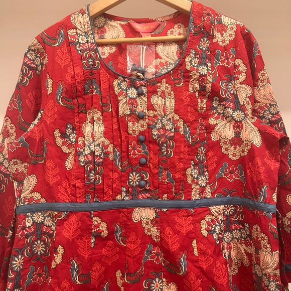 April Cornell Red Floral Pintuck Dress with Blue Trim “Firenze Dress” - Picture 2 of 13